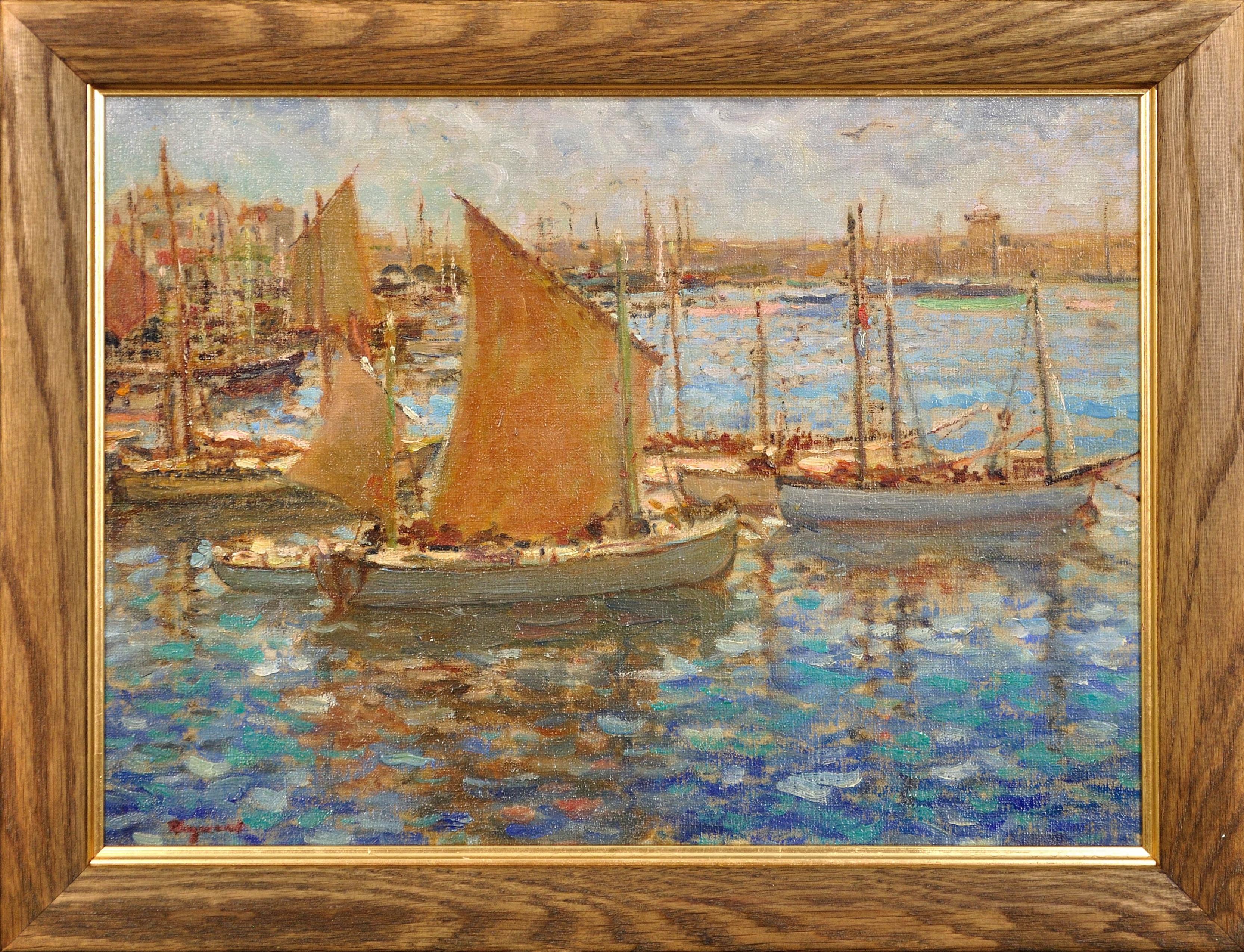 Grant Tyson Reynard Landscape Painting - Fishing Boats in St Ives Harbor, Cornwall. Luggers. Pilchards. Mackerel.Pilchard