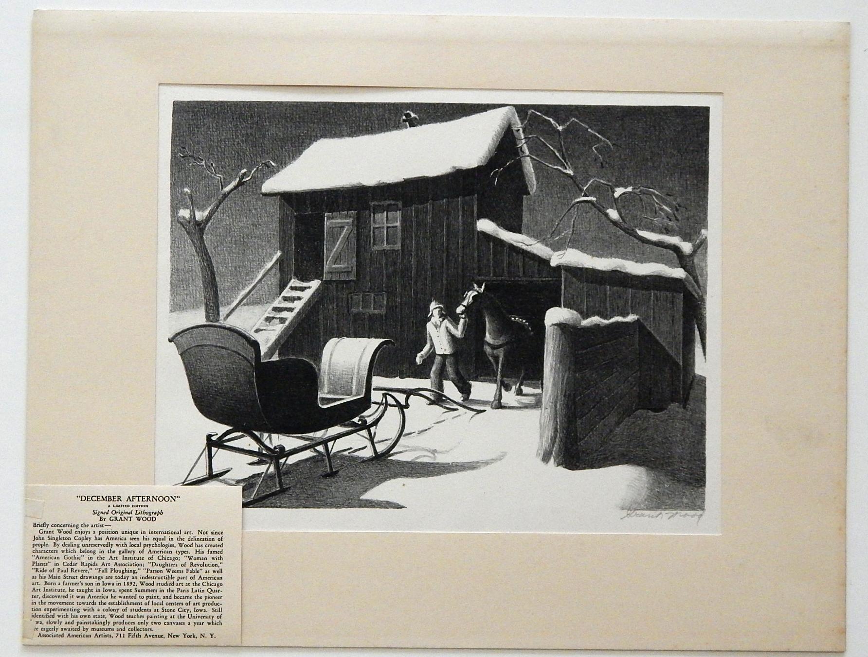 Grant Wood Original Stone Lithograph, 1940, “December Afternoon” In Excellent Condition In Phoenix, AZ