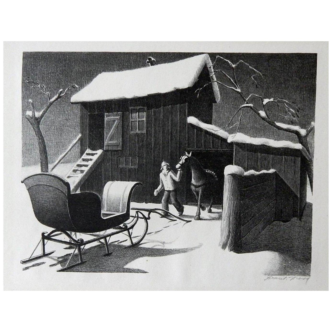 Grant Wood Original Stone Lithograph, 1940, “December Afternoon”