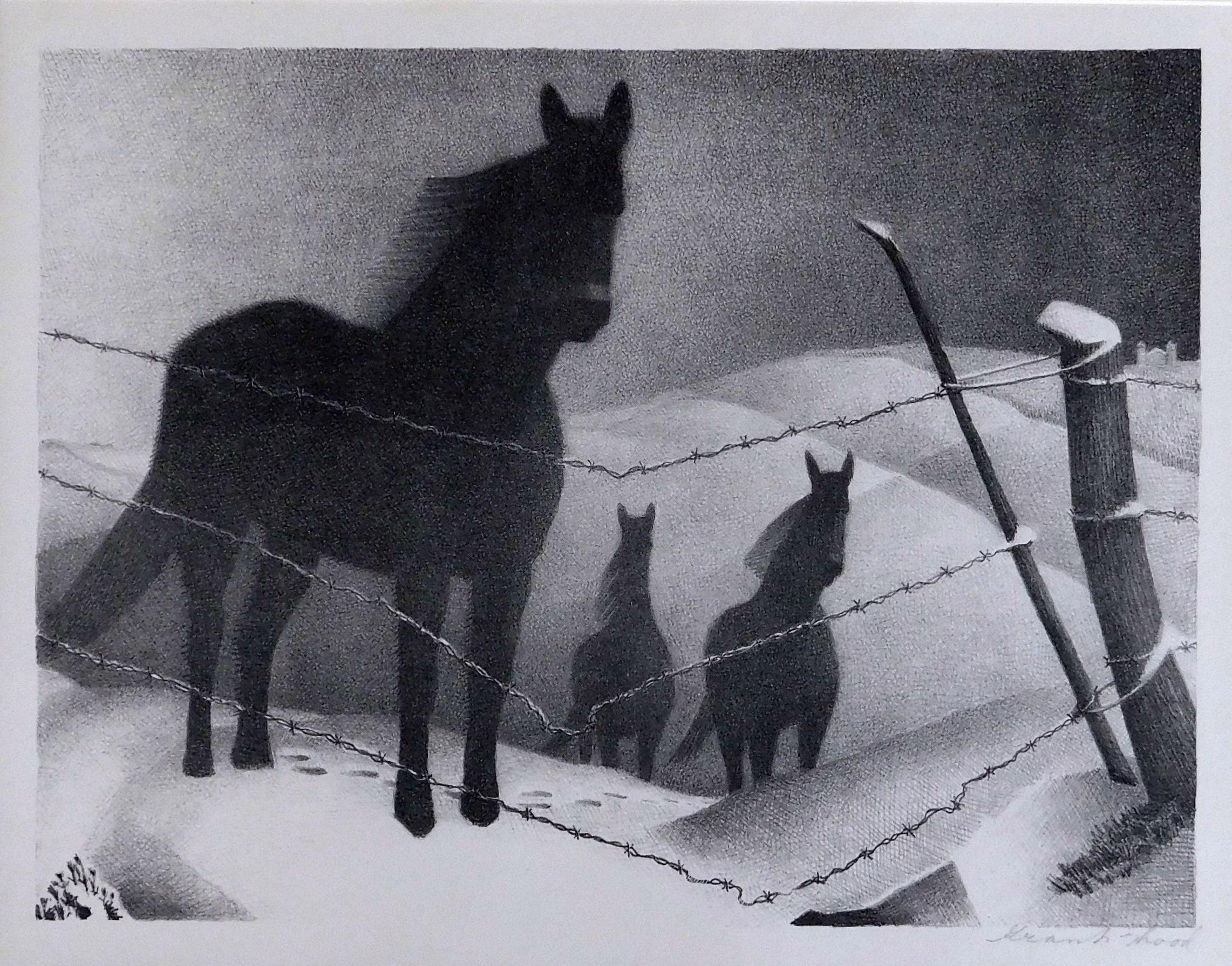 Litografia originale firmata a matita di Grant Wood, "Febbraio", creata nel 1940.
Una bella impressione e una delle più importanti delle 19 litografie create dal pittore del "gotico americano", Grant Wood, che è uno dei principali regionalisti