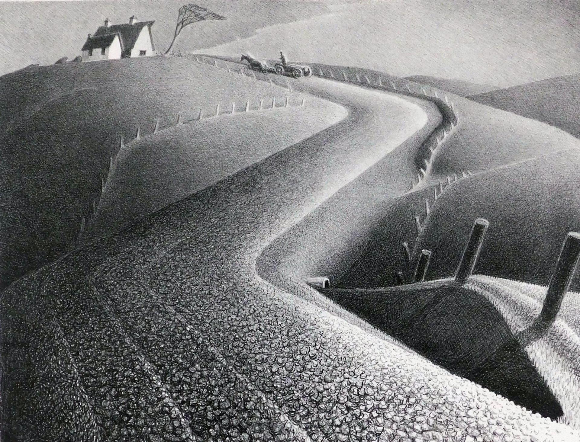Litografia originale di Grant Wood A. Stone - Marzo in vendita 1