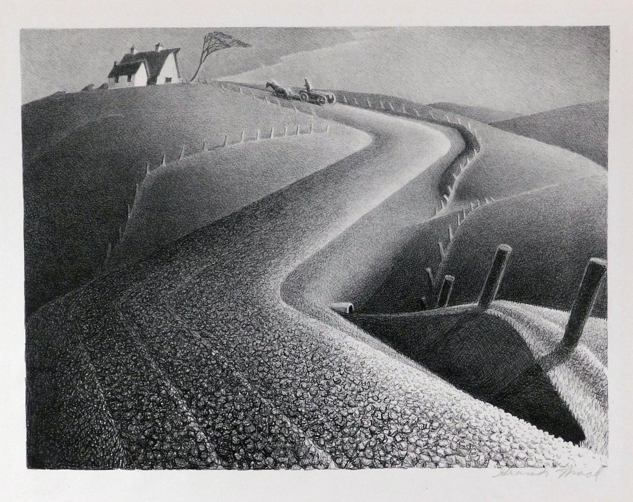 Litografia originale firmata a matita da Grant Wood, "March", creata nel 1941 dal pittore del "gotico americano", Grant Wood, uno dei principali regionalisti americani insieme a Thomas Hart Benton. L'edizione è di 250 copie. 
L'opera è stata creata
