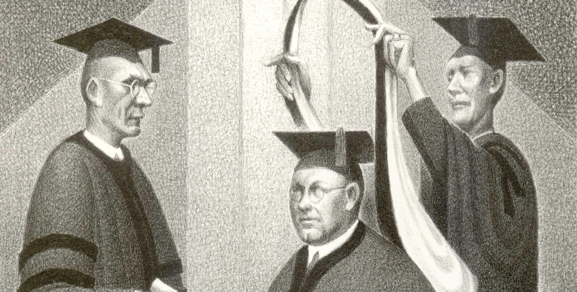 This rare self portrait of Grant Wood shows him being awarded an honorary degree as sun shines through a window.  The President of the university is handing Wood the degree while the academic marshall lifts the hood over Wood's head.  As we start