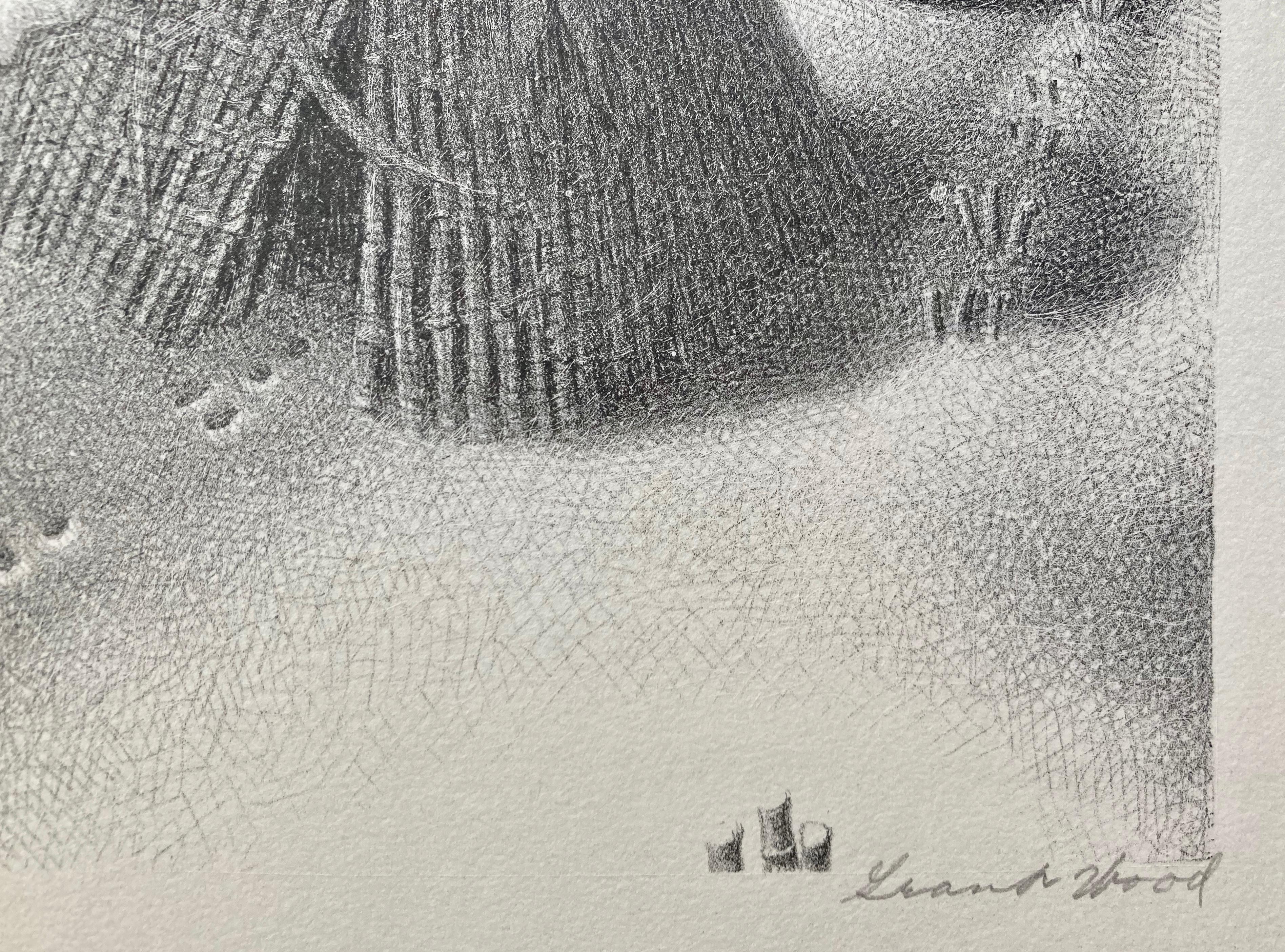 GRANT WOOD  (1891 - 1842)

GENNAIO 1938 (Cole 3)
Litografia, firmata a matita. Edizione di 250 esemplari pubblicata da Associated American Artists (AAA).  Immagine 9  x 12 pollici. Foglio intero 11 7/8 x 16 con bordi deckle. In eccellenti condizioni