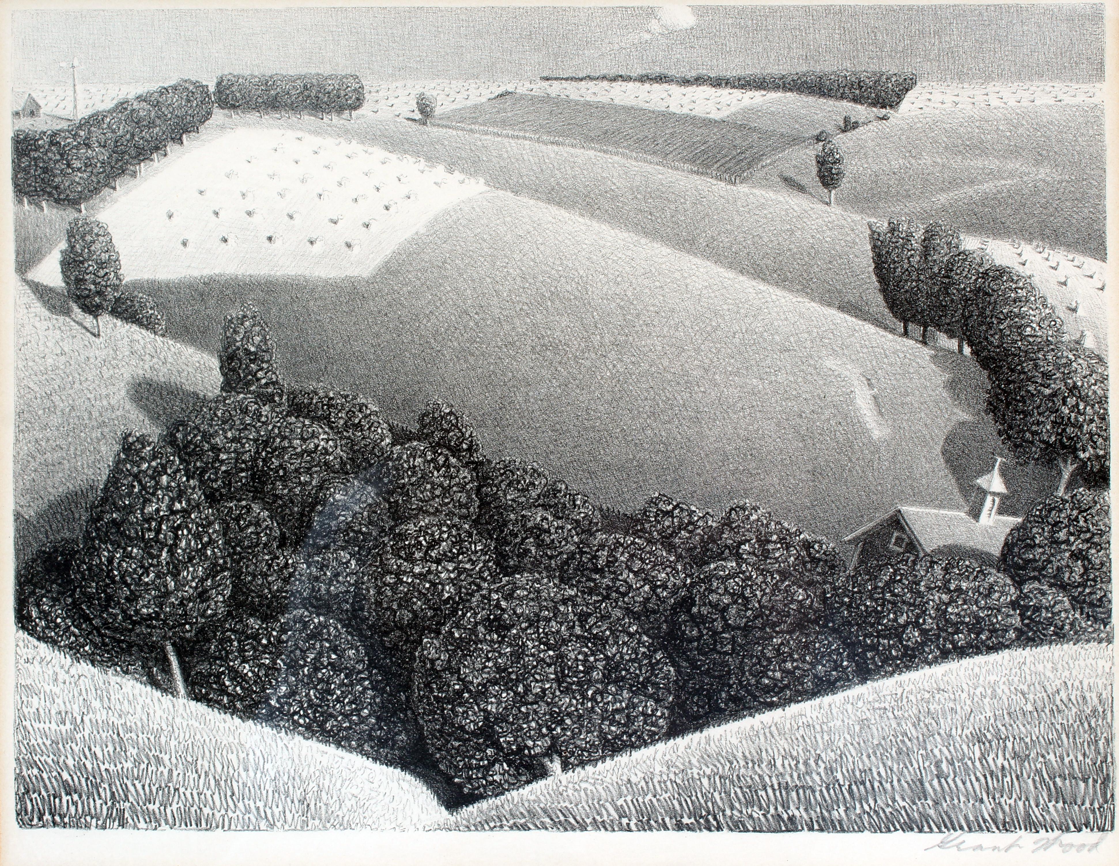 July Fifteenth, 1938
Lithograph on paper under glass; Associated American Artists, New York, pub.
Edition of 250, hand signed lower right: Grant Wood 
Image: 9
