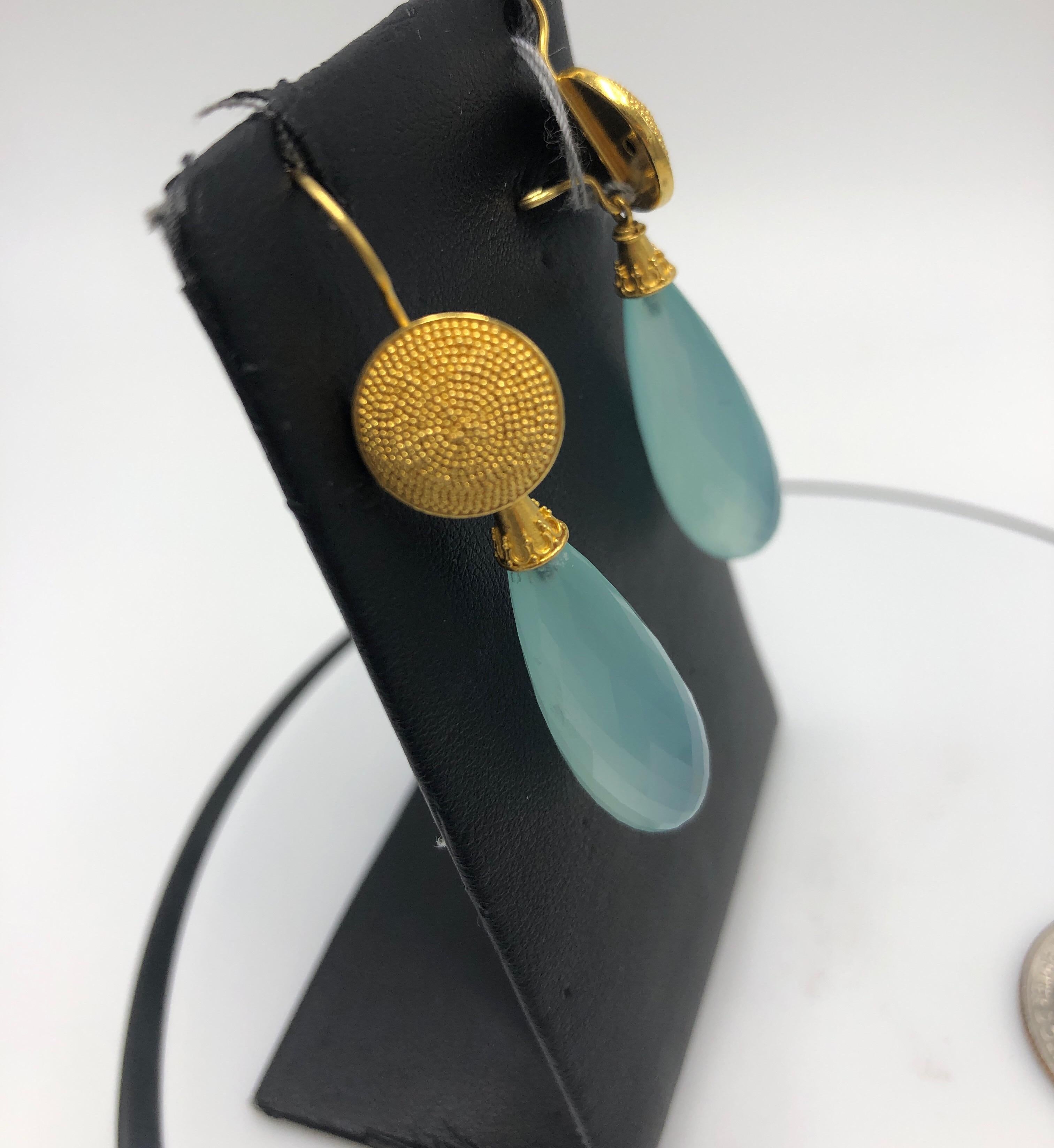 Modern Granulated Gold Tops with Chalcedony Faceted Drops