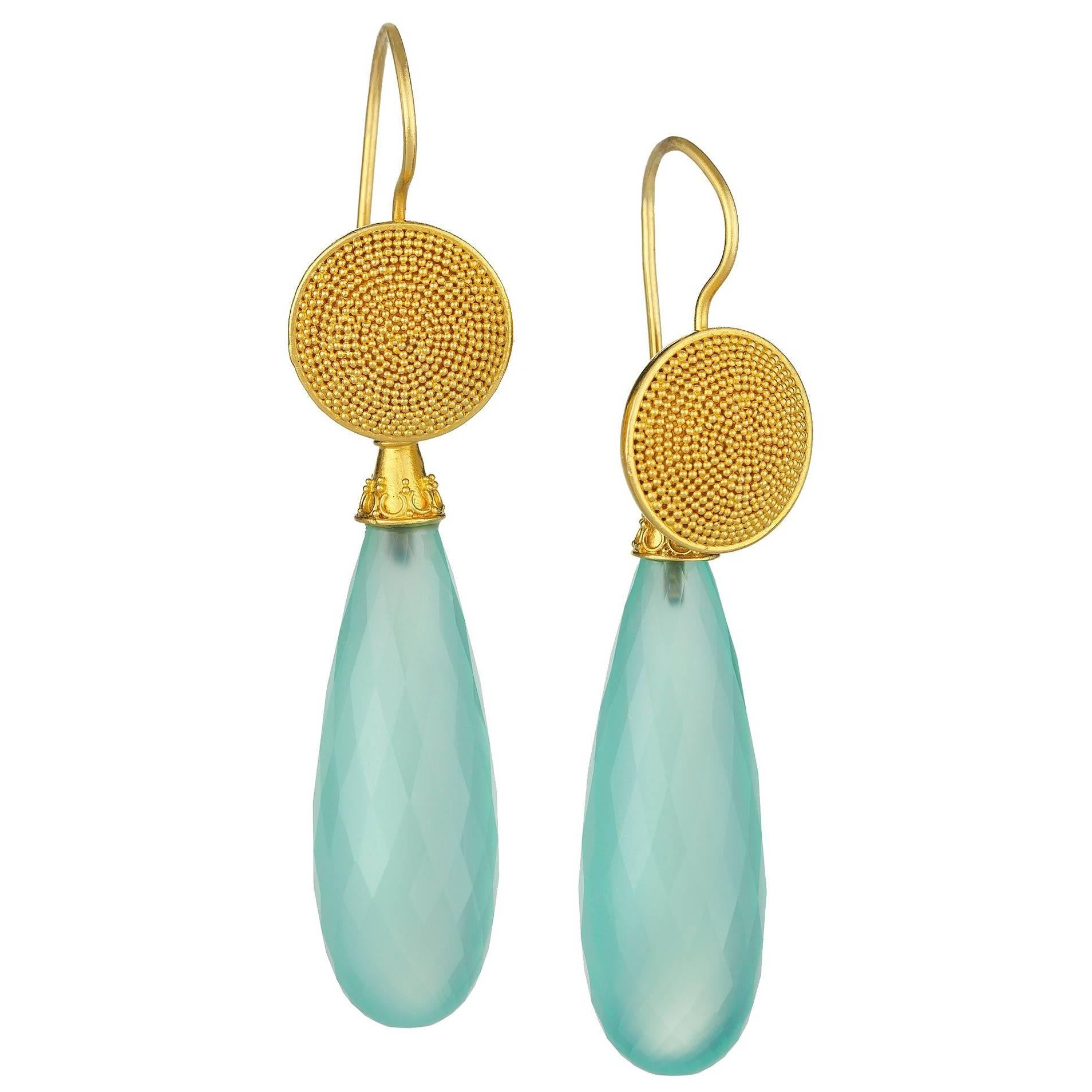 Granulated Gold Tops with Chalcedony Faceted Drops