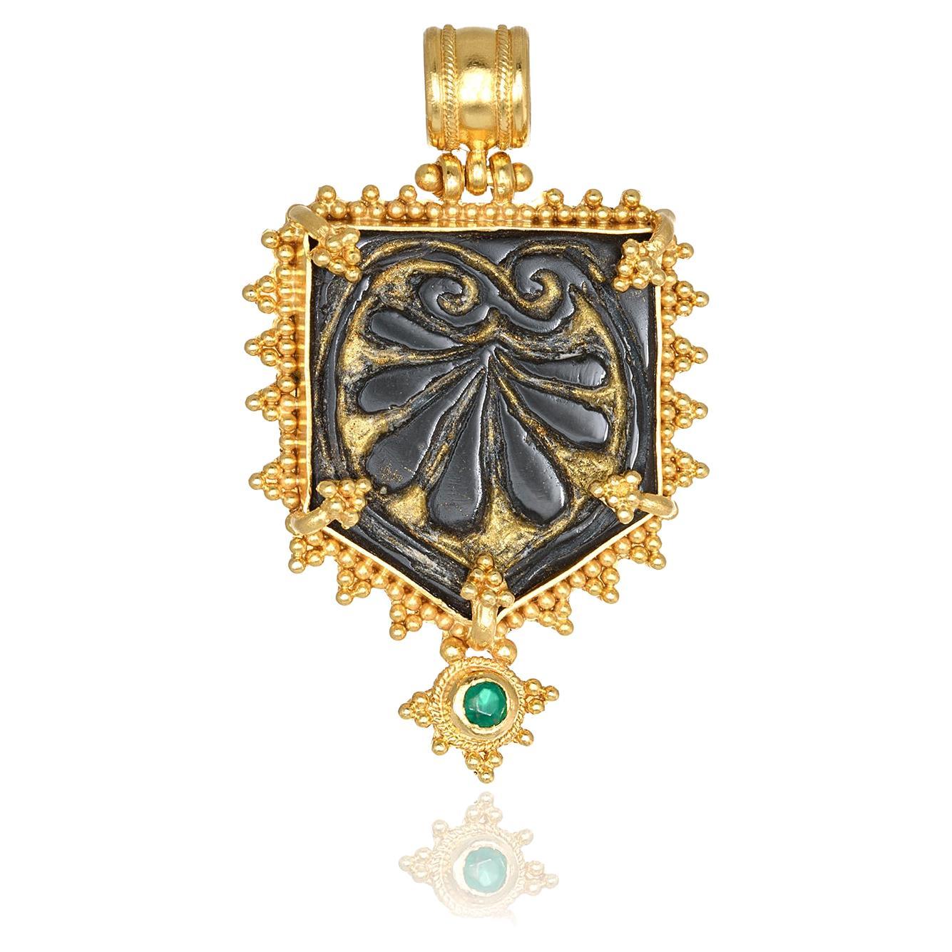 Granulation Acanthus Obsidian Pendant Necklace with Emerald in 22Kt Yellow Gold 