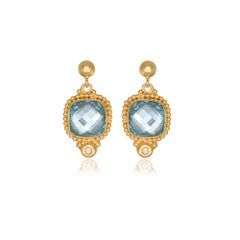 Granulation Drop Earrings with Cushion Blue Topaz & Diamonds in 22Kt Yellow Gold