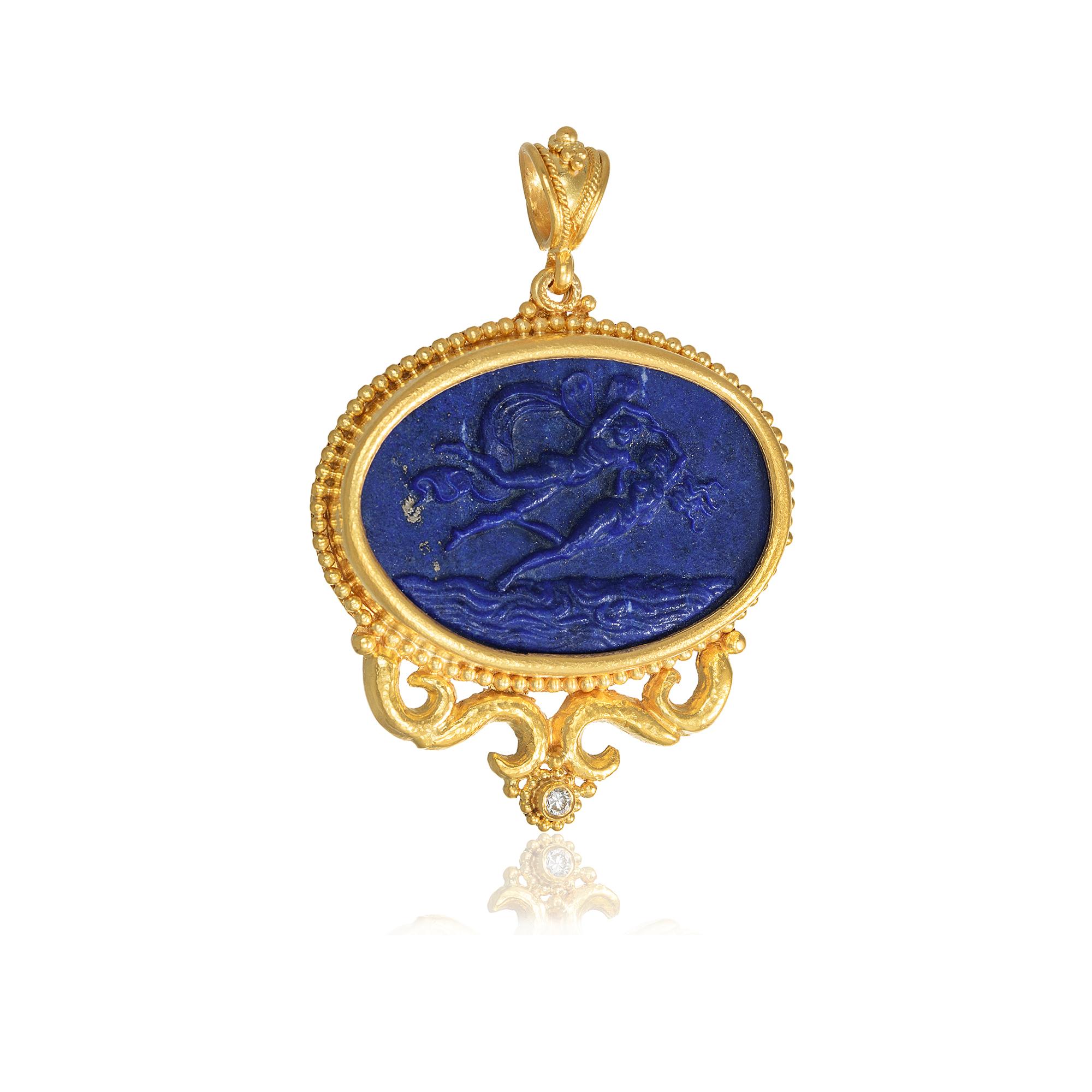 Eros and Psyche Granulation oval pendant handcrafted in 22Kt yellow gold, featuring a hand carved Lapis Lazuli and a brilliant cut Diamond. Inspired by one of the best love stories in classical Greek Mythology Nicofilimon designed this elegant