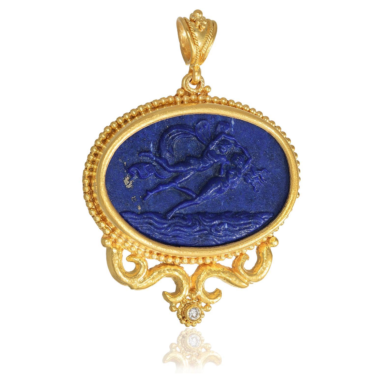 Granulation Eros and Psyche Oval Pendant Necklace Lapis Lazuli Diamond 22Kt Gold
