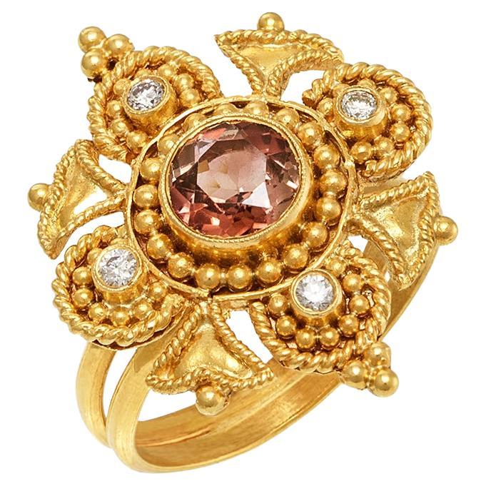 Granulation Filigree Byzantine Flower Ring with Tourmaline & Diamonds 22Kt Gold For Sale