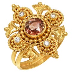 Granulation Filigree Byzantine Flower Ring with Tourmaline & Diamonds 22Kt Gold