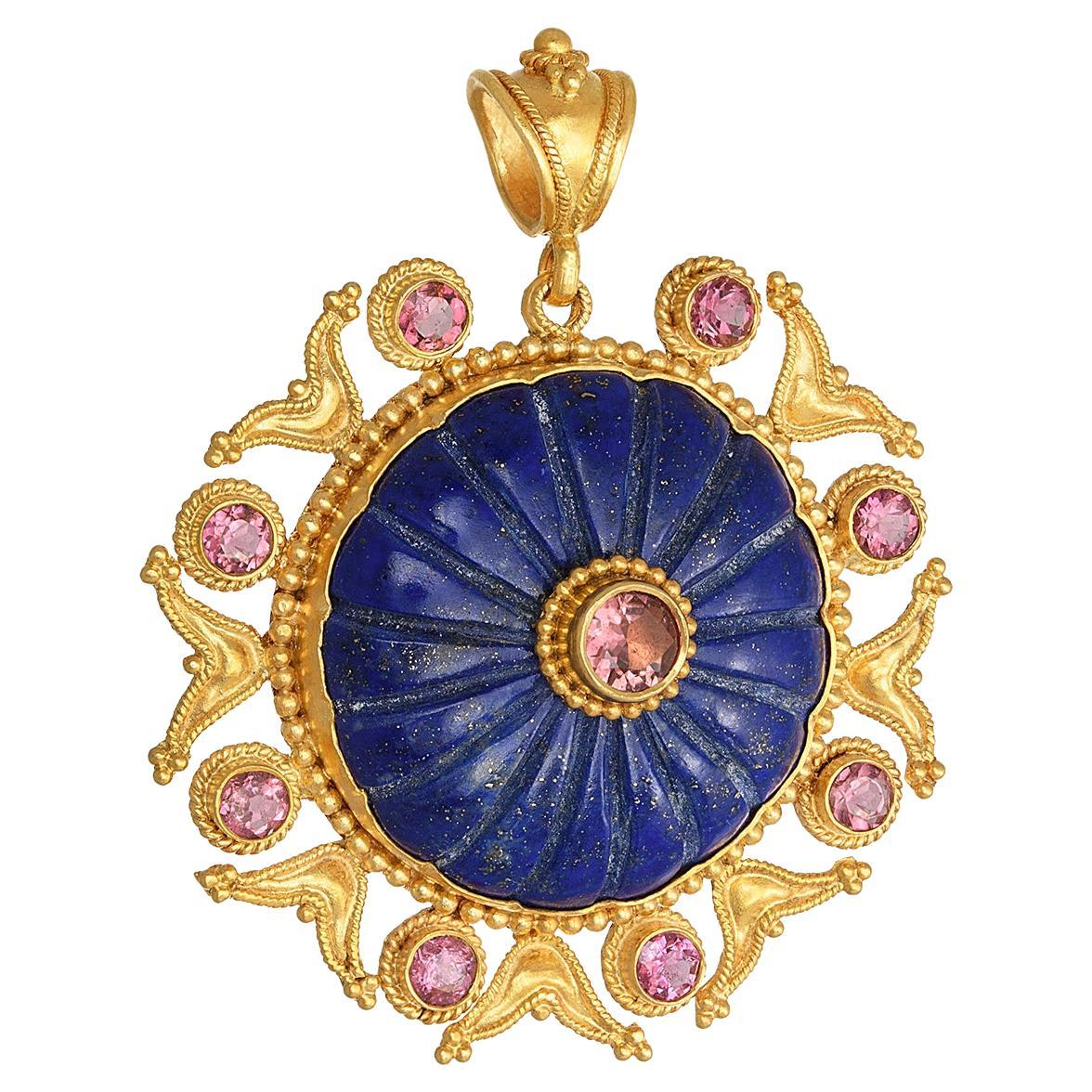 Granulation Flower Pendant with Lapis Lazuli Pink Tourmalines 22Kt Yellow Gold For Sale