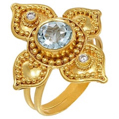 Granulation Four Petal Flower Byzantine Ring with Aquamarine Diamonds 22Kt Gold