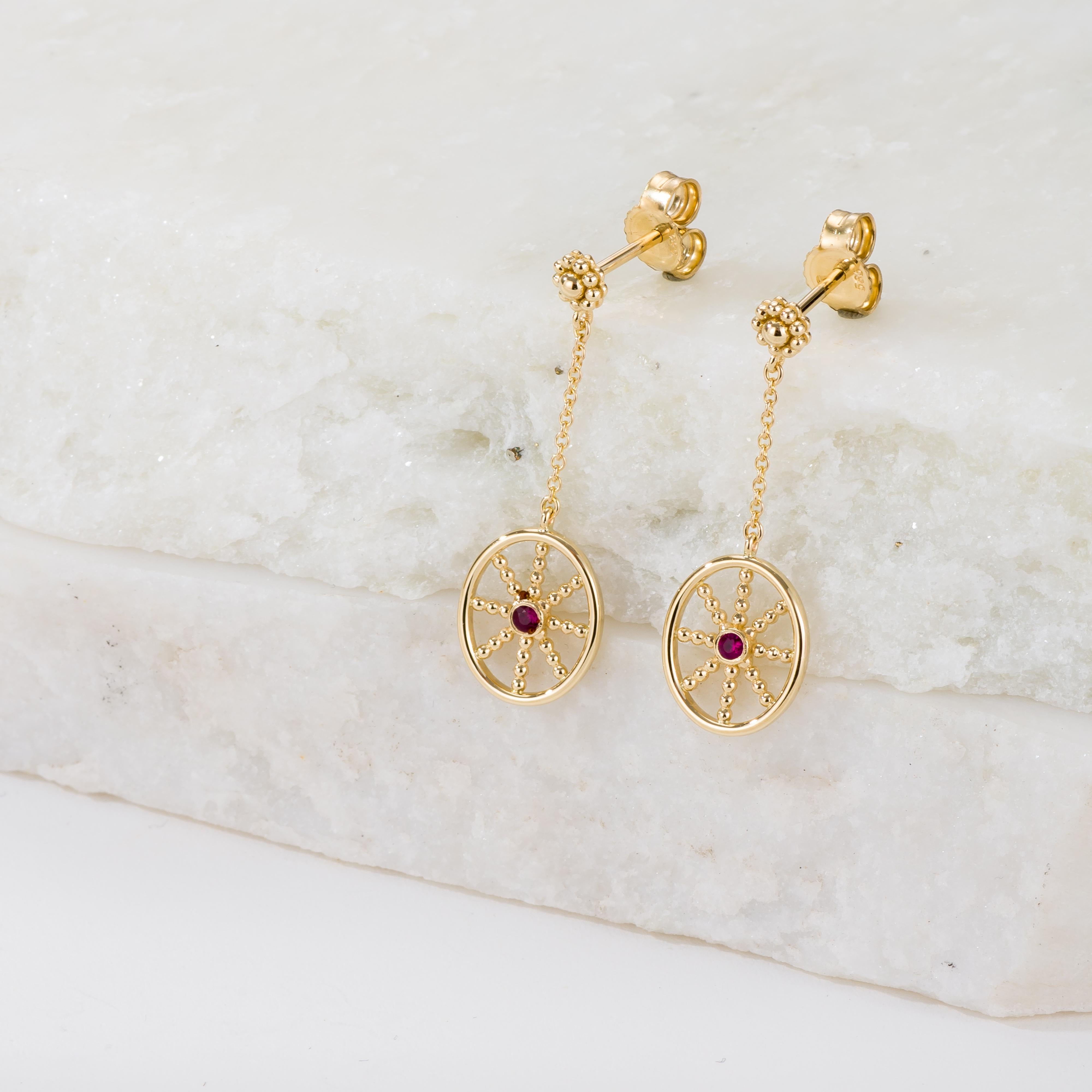 Byzantine Granulation Gold Earrings with Ruby For Sale