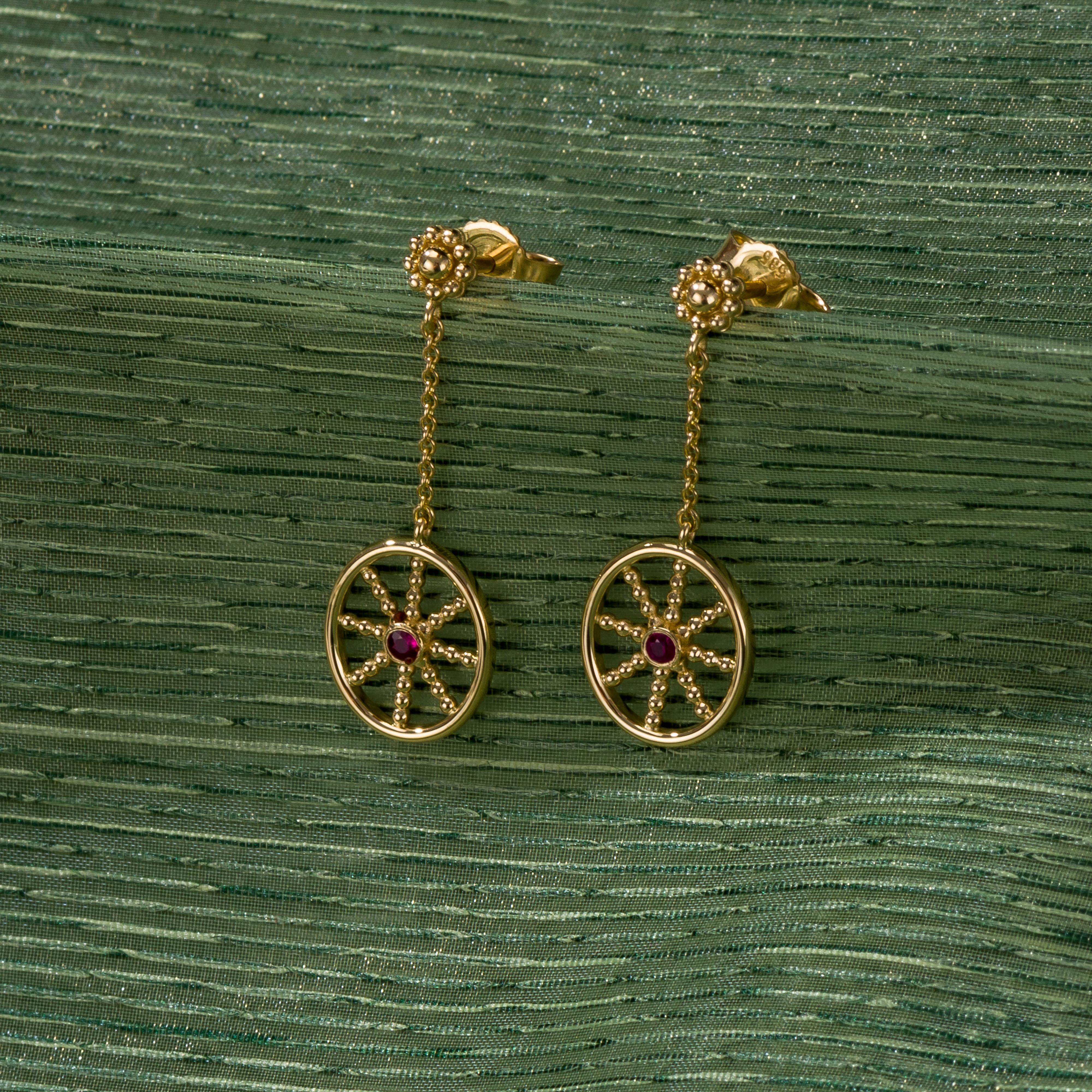 Granulation Gold Earrings with Ruby In New Condition For Sale In Athens, GR
