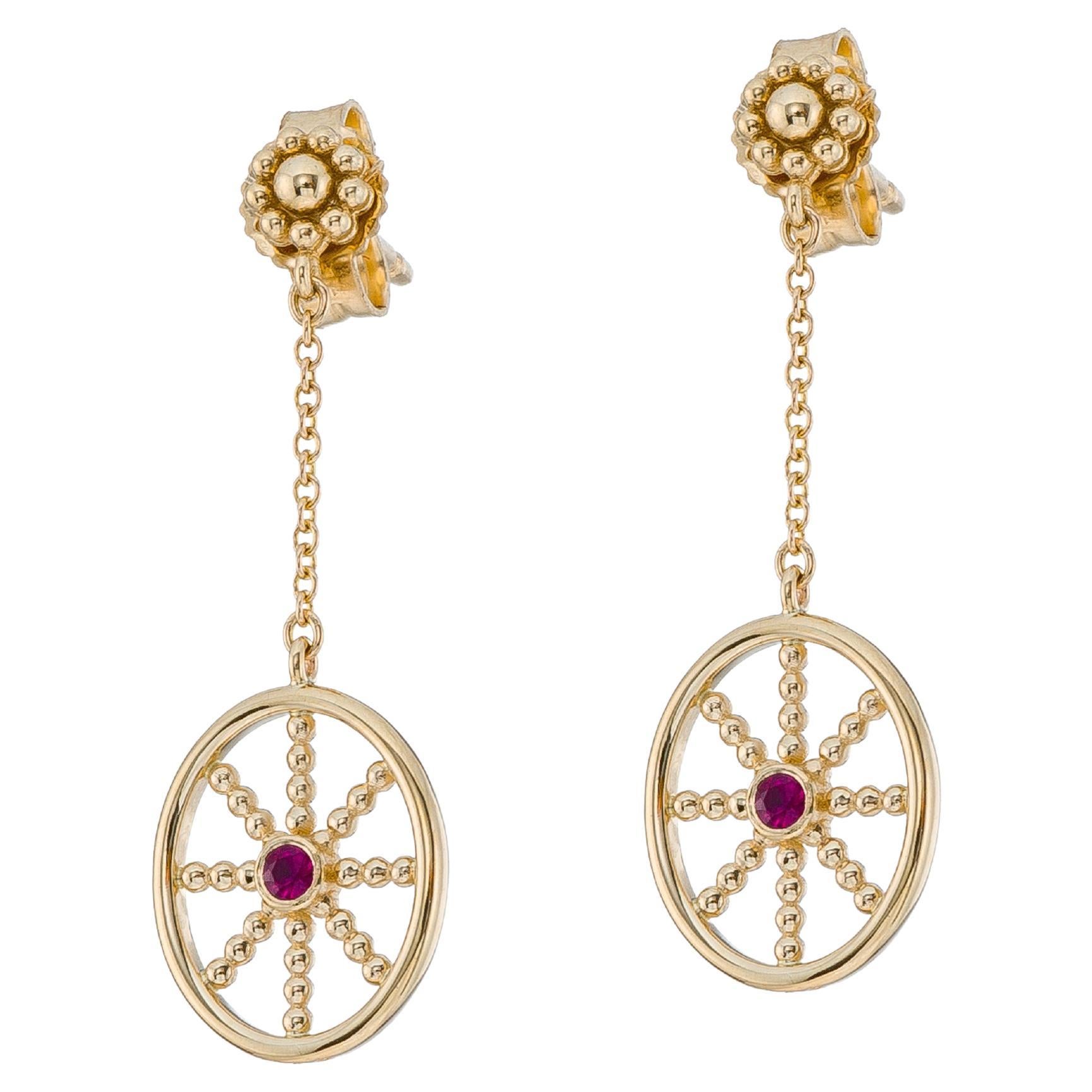 Granulation Gold Earrings with Ruby For Sale