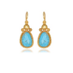 Granulation Hand Hammering Dangle Earrings with Pear Turquoise 22Kt Yellow Gold