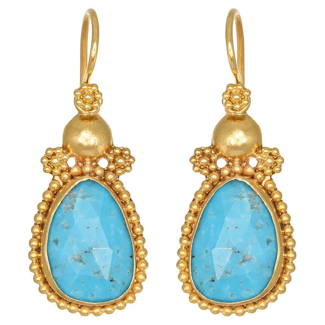 Granulation Hand Hammering Dangle Earrings with Pear Turquoise 22Kt Yellow Gold