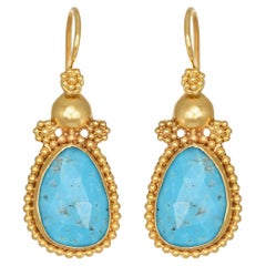 Granulation Hand Hammering Dangle Earrings with Pear Turquoise 22Kt Yellow Gold