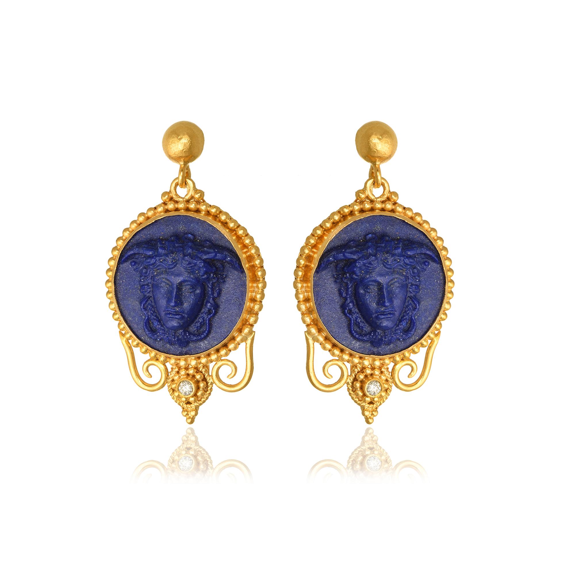 Medusa Head Drop Earrings handcrafted in 22Kt yellow gold, featuring a carved Lapis Lazuli center and a brilliant cut diamond. Inspired by the ancient greek mythology and Perseus's accomplishments, Nicofilimon created this jewelry masterpiece