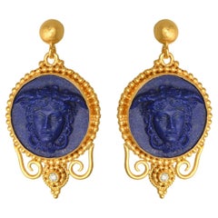 Granulation Medusa Head Dangle Earrings Lapis Lazuli & Diamond 22Kt Yellow Gold