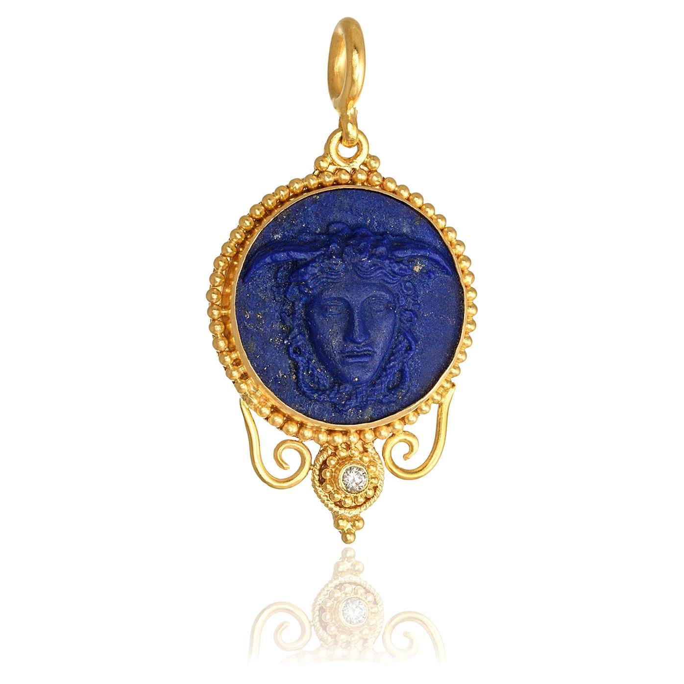 Granulation Medusa Head Pendant with Lapis Lazuli & Diamond in 22Kt Yellow Gold