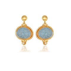 Granulation Oval Drop Earrings with Carved Aquamarine & Diamond 22Kt Yellow Gold