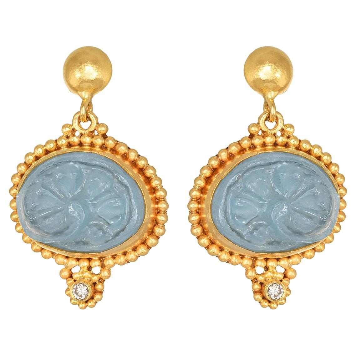 Granulation Oval Drop Earrings with Carved Aquamarine & Diamond 22Kt Yellow Gold For Sale