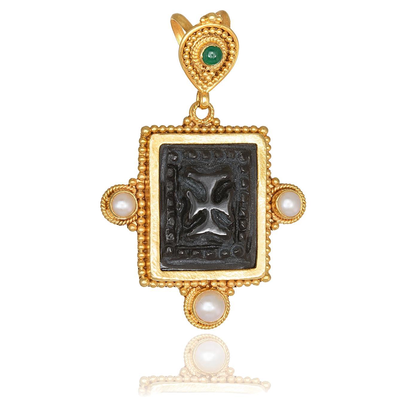 Granulation Square Obsidian byzantine Cross Pendant Emerald Pearls in 22Kt Gold For Sale