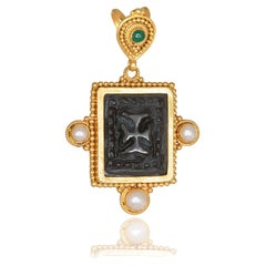 Retro Granulation Square Obsidian byzantine Cross Pendant Emerald Pearls in 22Kt Gold