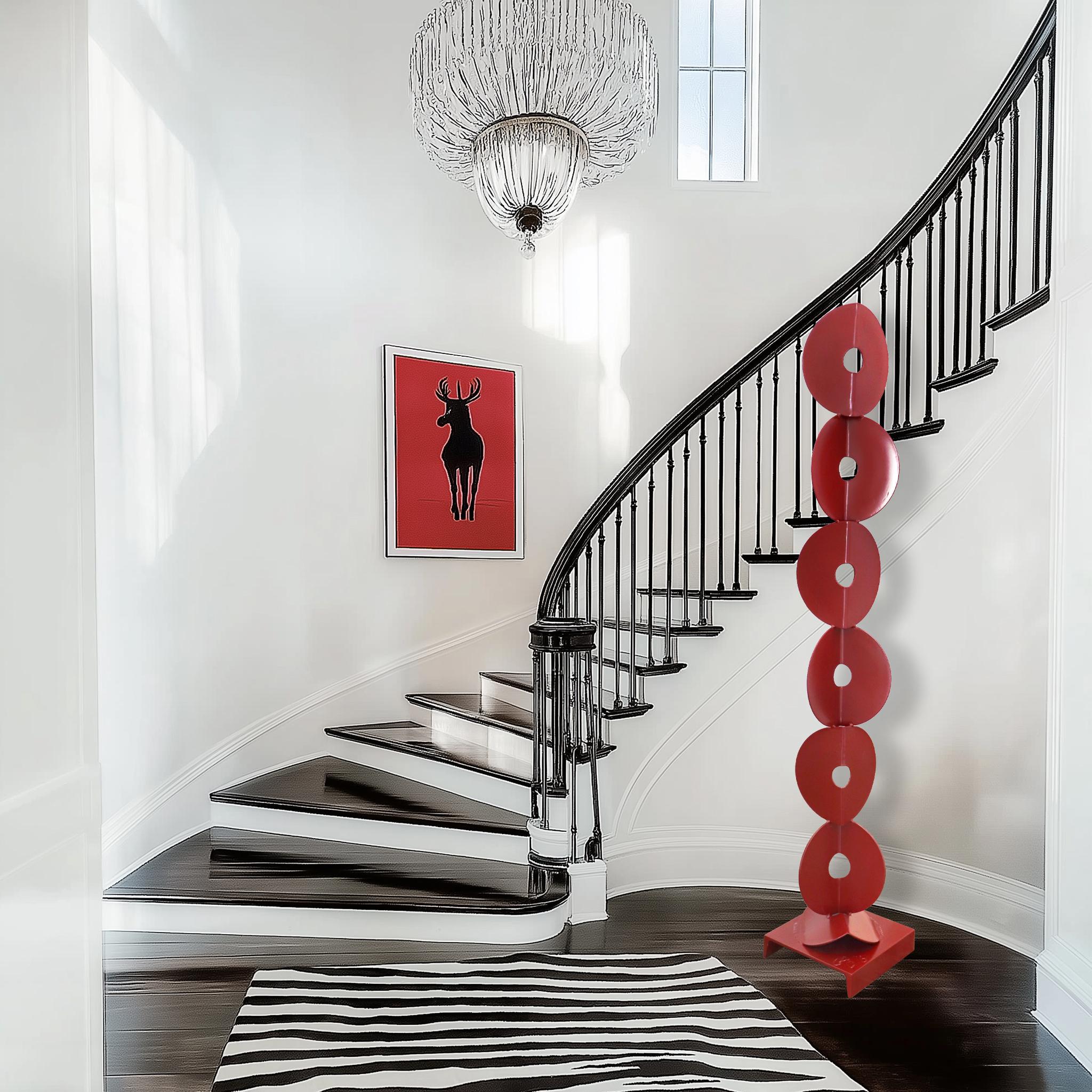 7 Foldes Circles - Large Red Steel Tall Geometric Indoor Outdoor Sculpture - Abstrait Mixed Media Art par Granville Beals