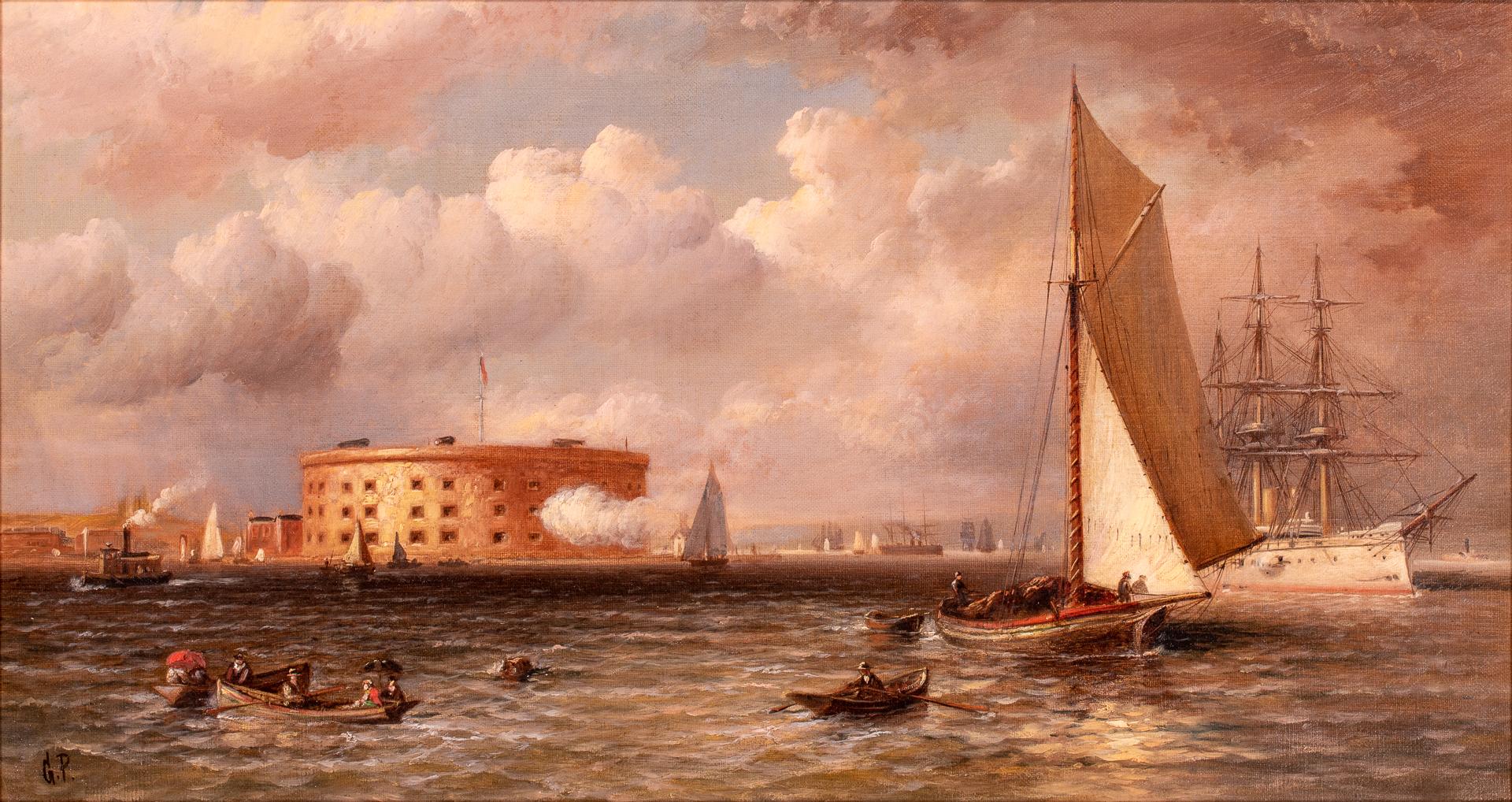 USS CHICAGO Off Castle Williams and Governor's Island, New York Harbor - Other Art Style Painting by Granville Perkins