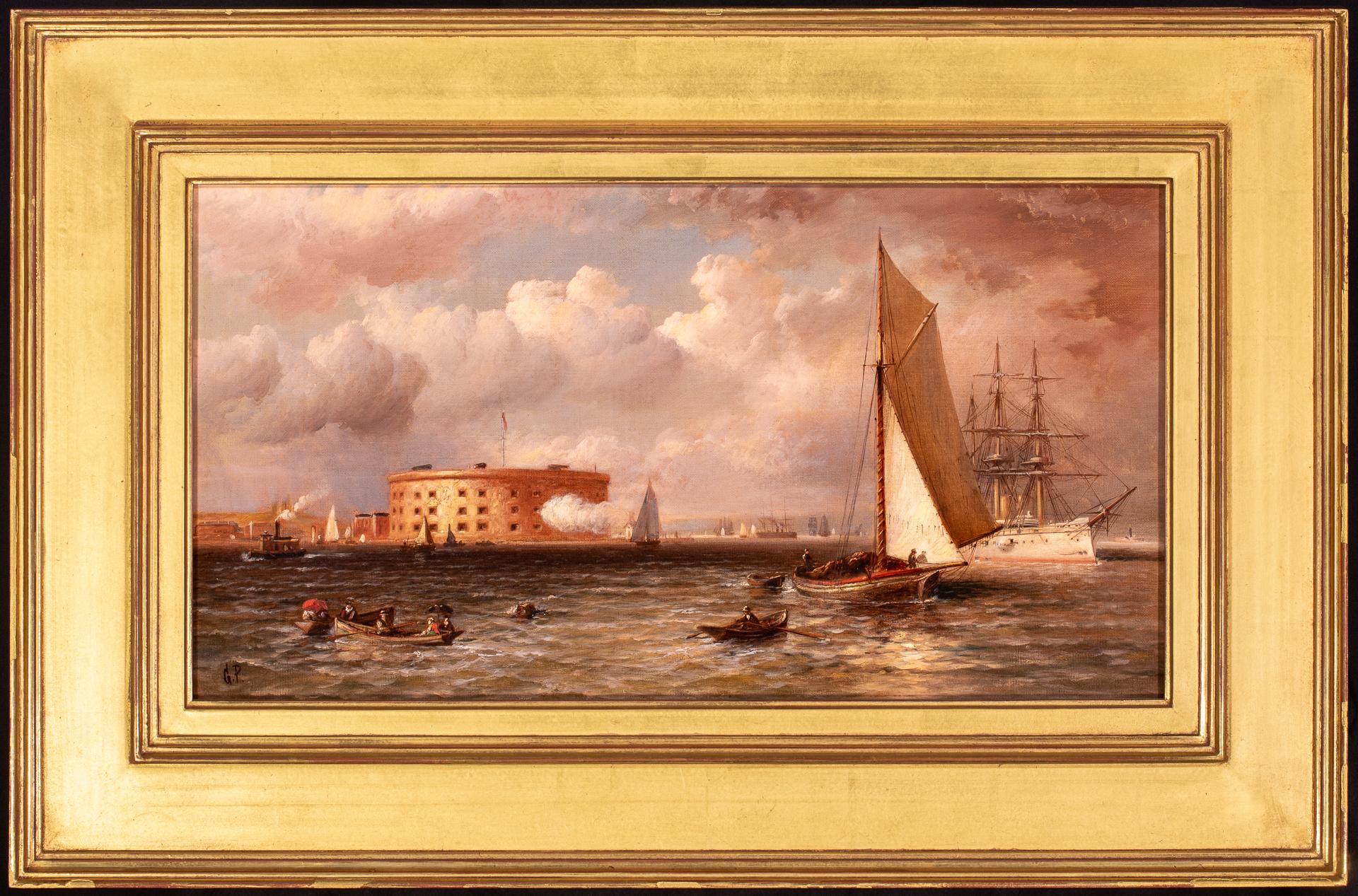 USS CHICAGO Off Castle Williams and Governor's Island, New York Harbor - Painting by Granville Perkins