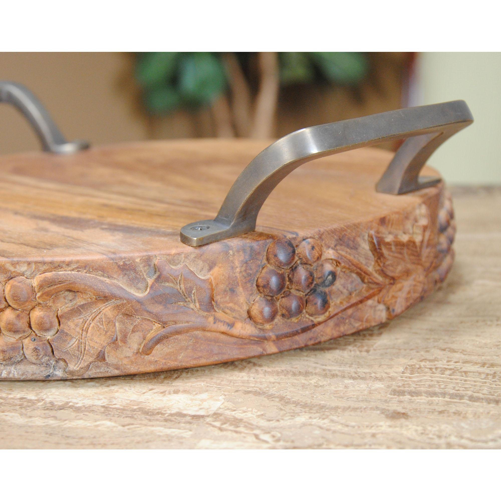 Contemporary Grape Carved Teak Serving Platter with Handles For Sale