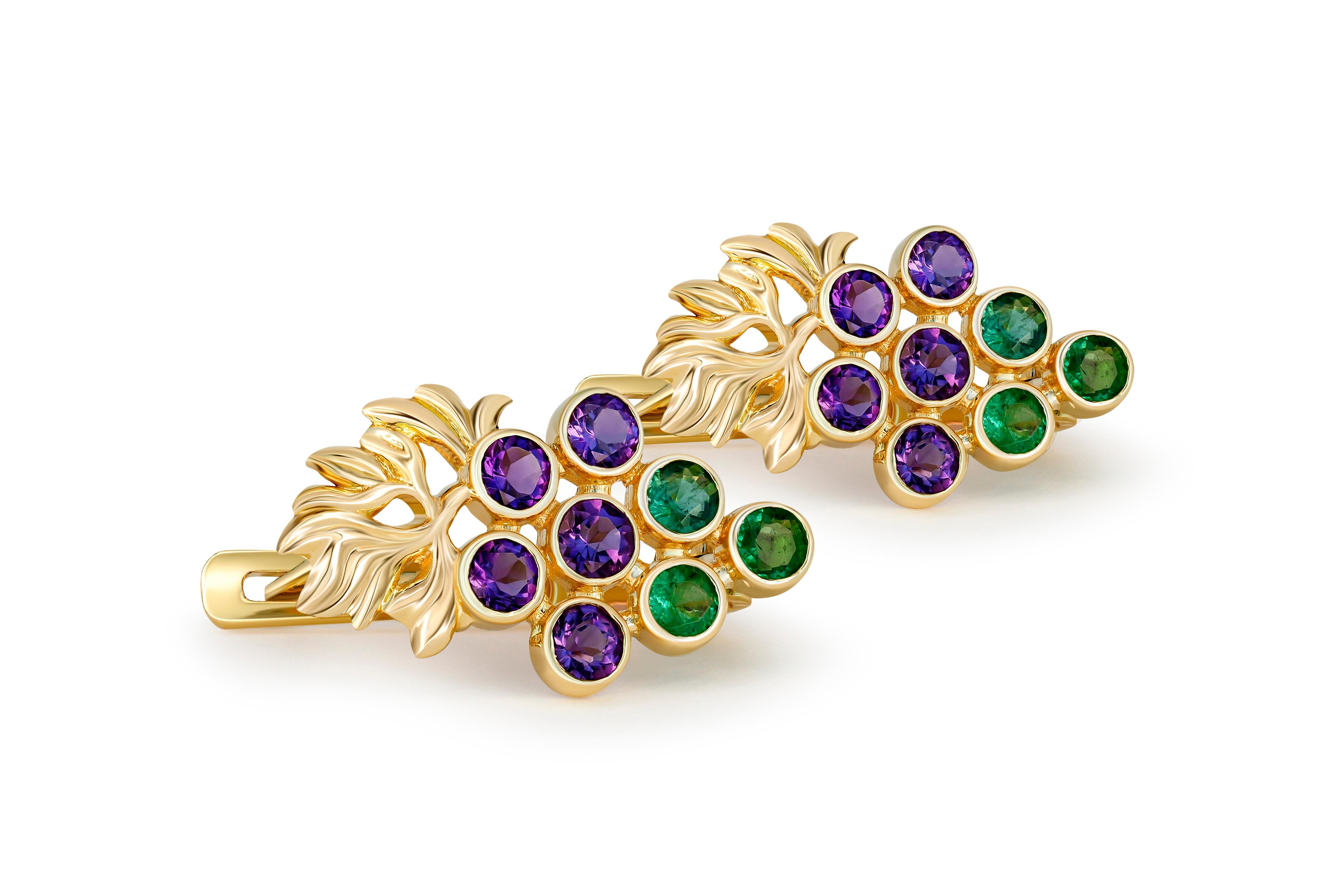 Grape Earrings with emeralds and amethysts in 14k gold. 
Vine Leaves Earrings. Gold fertility Earrings. Plant. Leaves. Floral earrings. 

Weight: 3.1 g. 
Size:17.5x10 mm
14k gold - tested.

Emeralds: 6 pieces, color - green
Round cut, 0.66 ct.