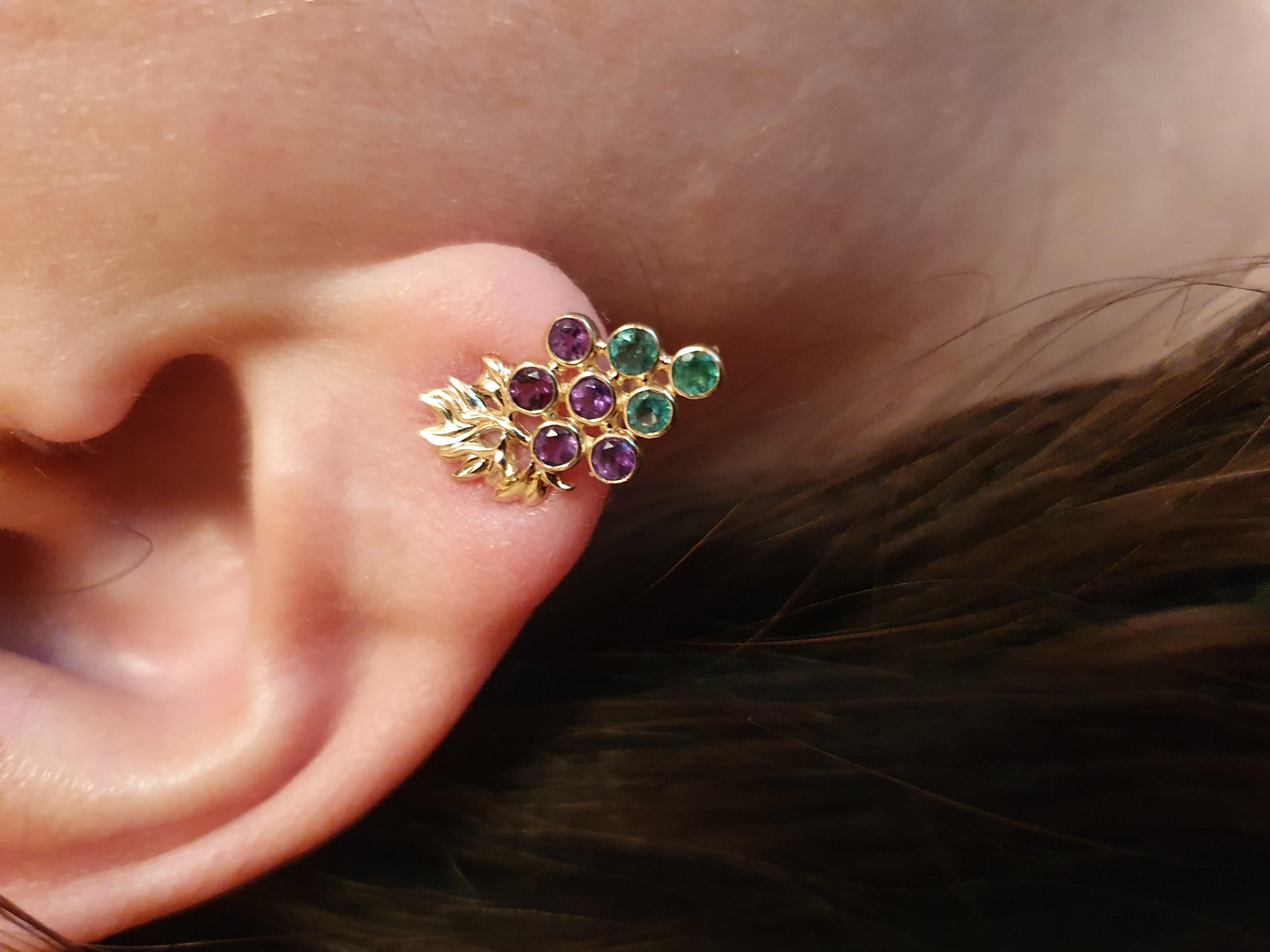 Women's Grape Earrings with emeralds and amethysts in 14k gold.  For Sale