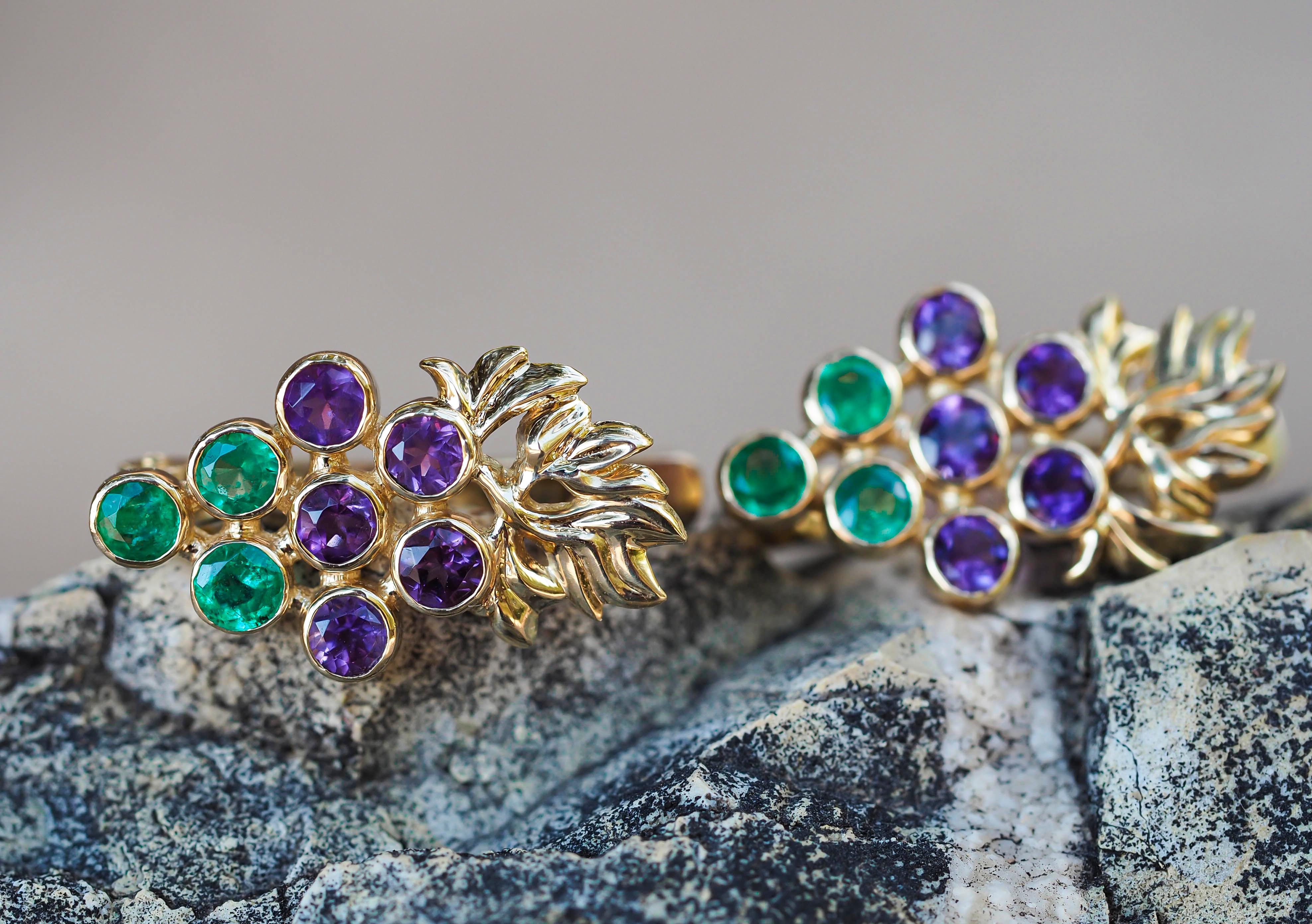 Grape Earrings with emeralds and amethysts in 14k gold.  For Sale 2