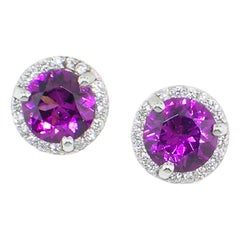 Purple Grape Garnet and Diamond Halo 18 Karat Martini Stud Earrings