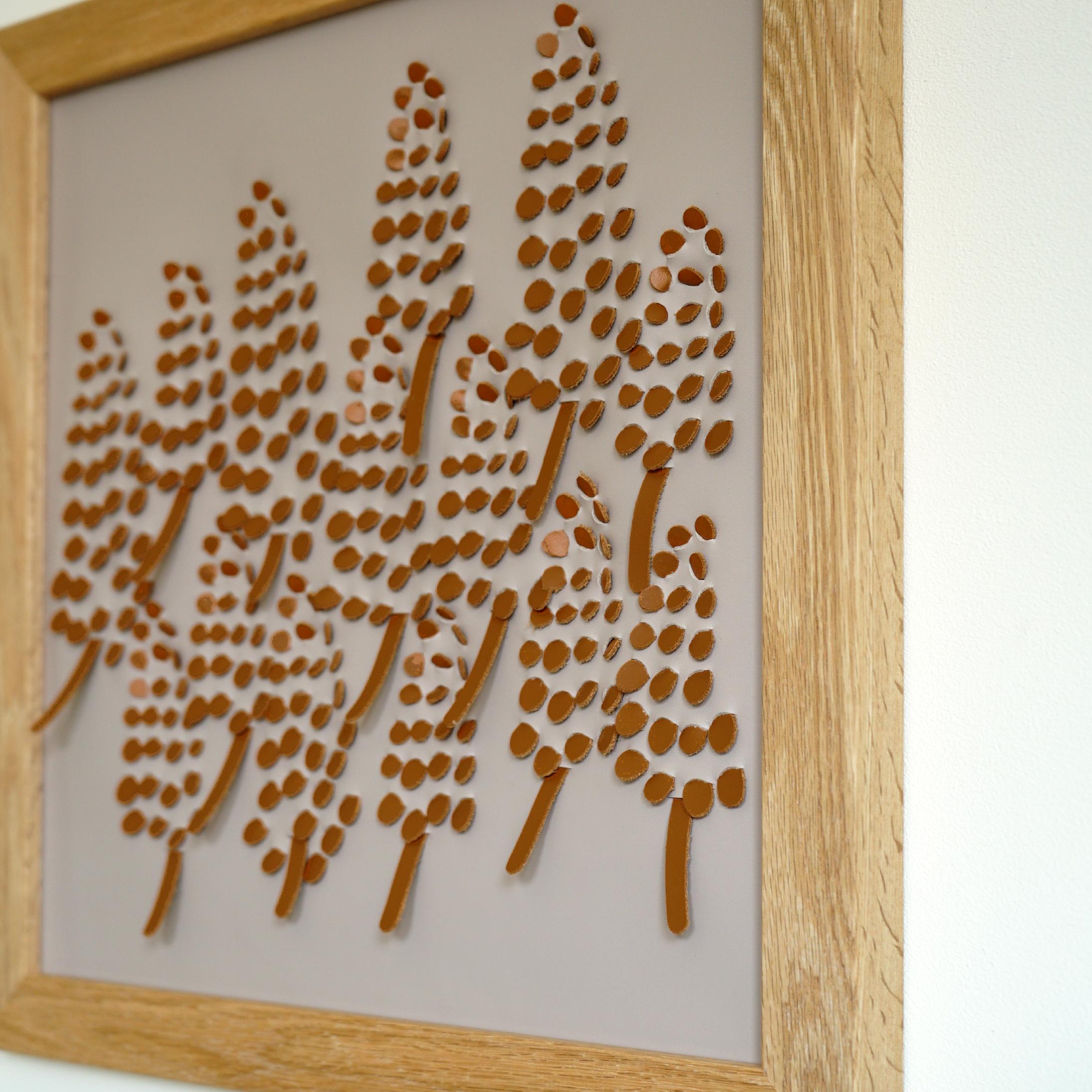 British Grape Hyacinth, a Piece of 3D Sculptural Egret and Tan Leather Wall Art For Sale