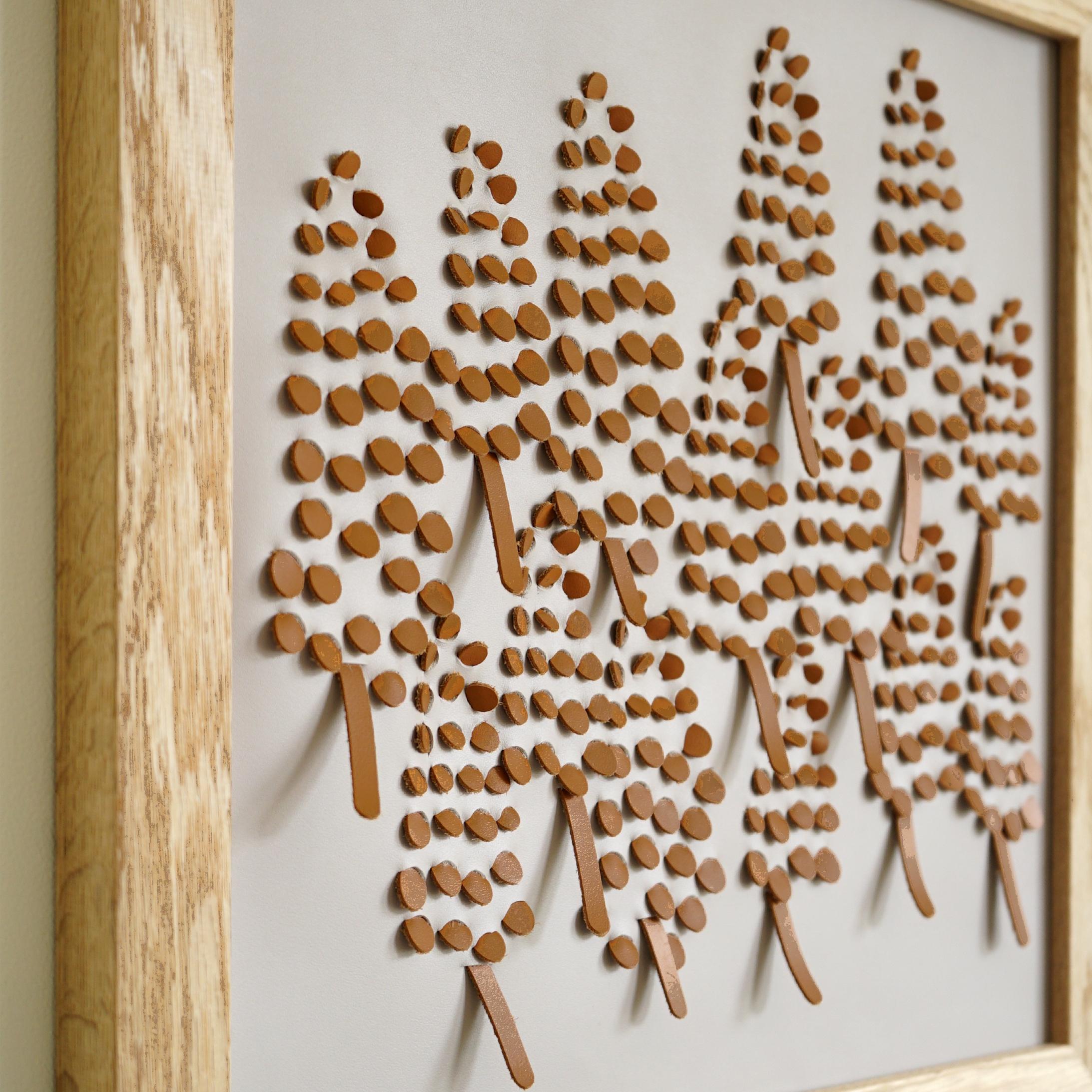 Grape Hyacinth, a Piece of 3D Sculptural Egret and Tan Leather Wall Art