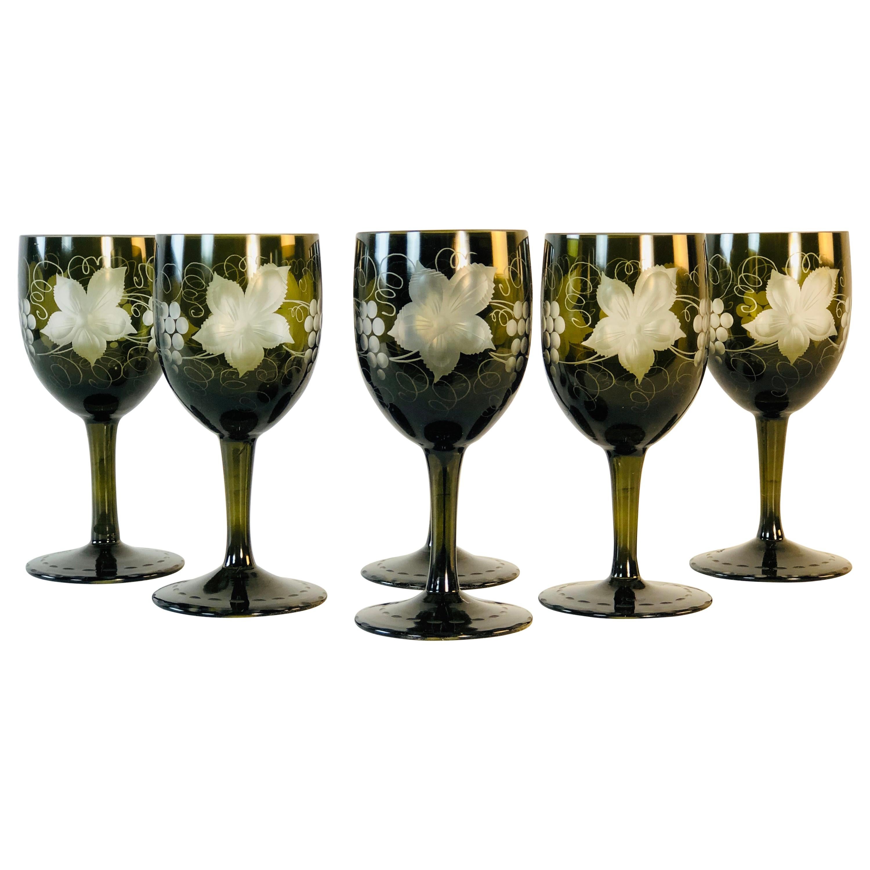 Grape Leaf and Vine Wheel-Cut Cordial Stems, Set of 6 For Sale