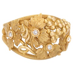 Grape Leaf Diamond Ring Vintage 18k Yellow Gold Dome Band Nature Jewelry