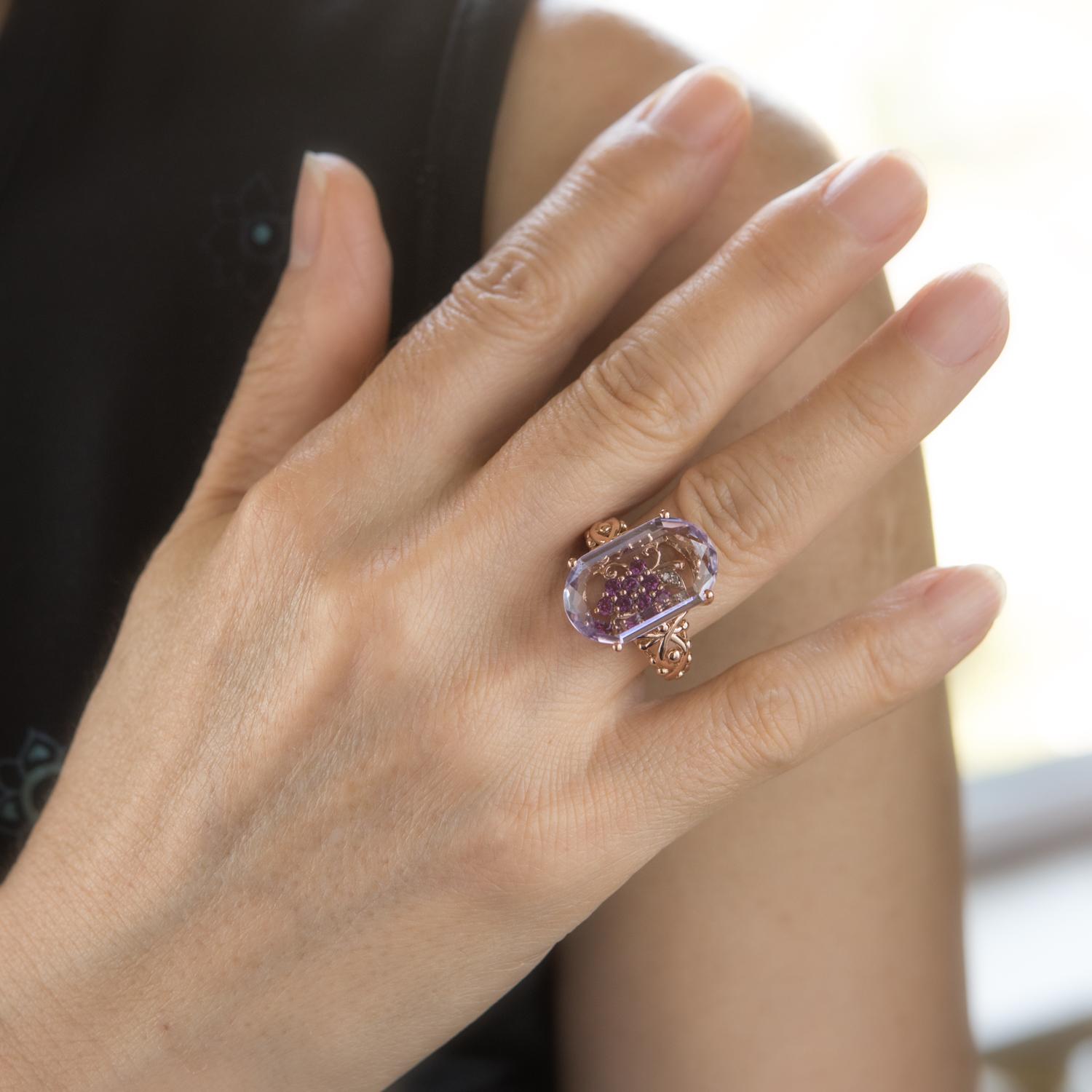 Grape Leaf Diamond Ruby Amethyst Ring 14k Rose Gold Estate Fine Jewelry In Excellent Condition In Torrance, CA