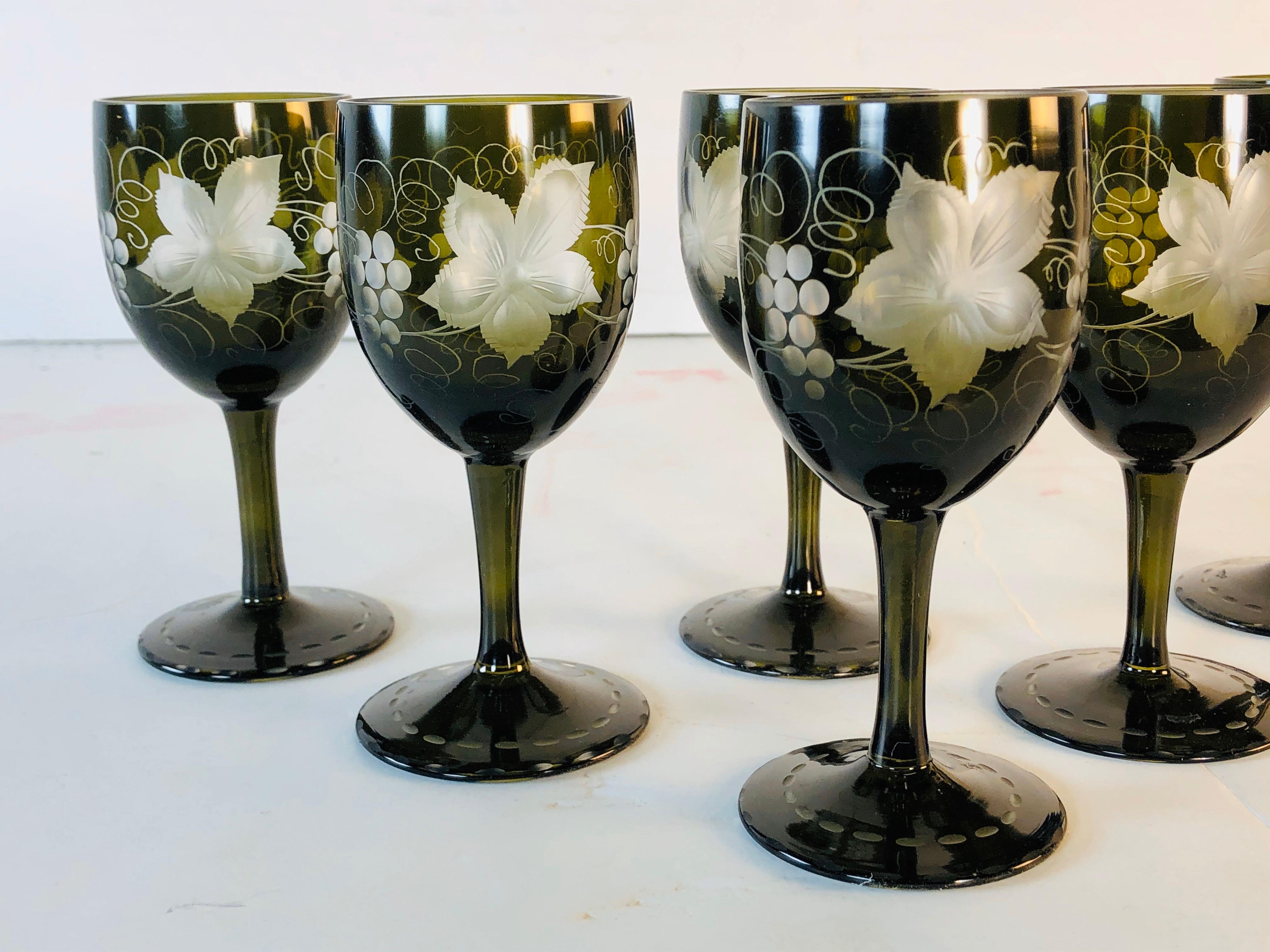 Glass Grape Leaf and Vine Wheel-Cut Cordial Stems, Set of 6 For Sale