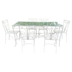Grape Leaf & Vine Wrought Iron Outdoor Patio Table Glass Top 6 Mesh Seat Chairs