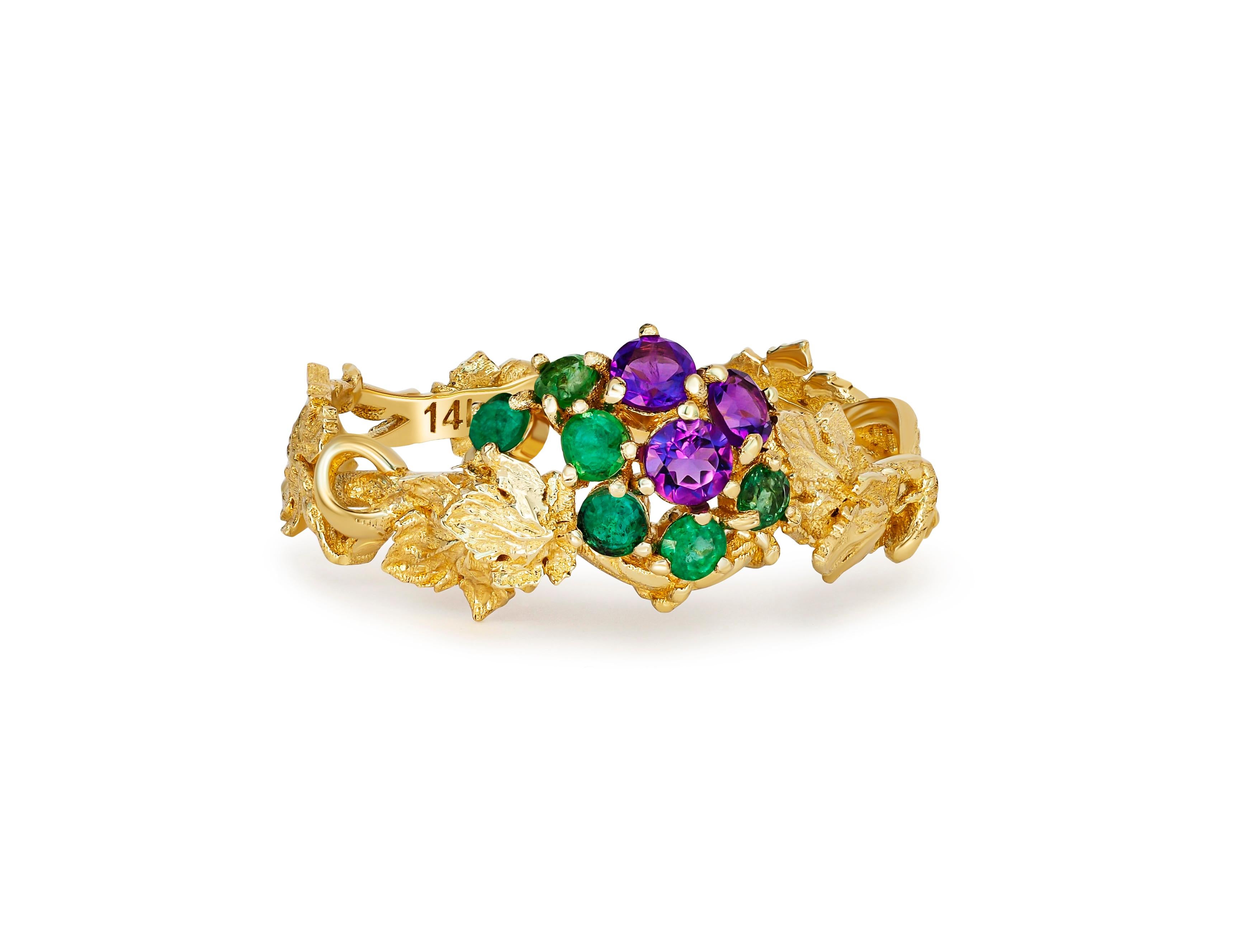 Grape ring with emeralds, amethysts in 14k gold. 
Vine Leaves Ring. Fertility ring. Summer vine ring. Plant ring. Emeralds, amethysts ring.

Weight: 2 g depends from size
Metal type: 14kt solid gold

1. Natural amethysts:
Round cut, clarity -