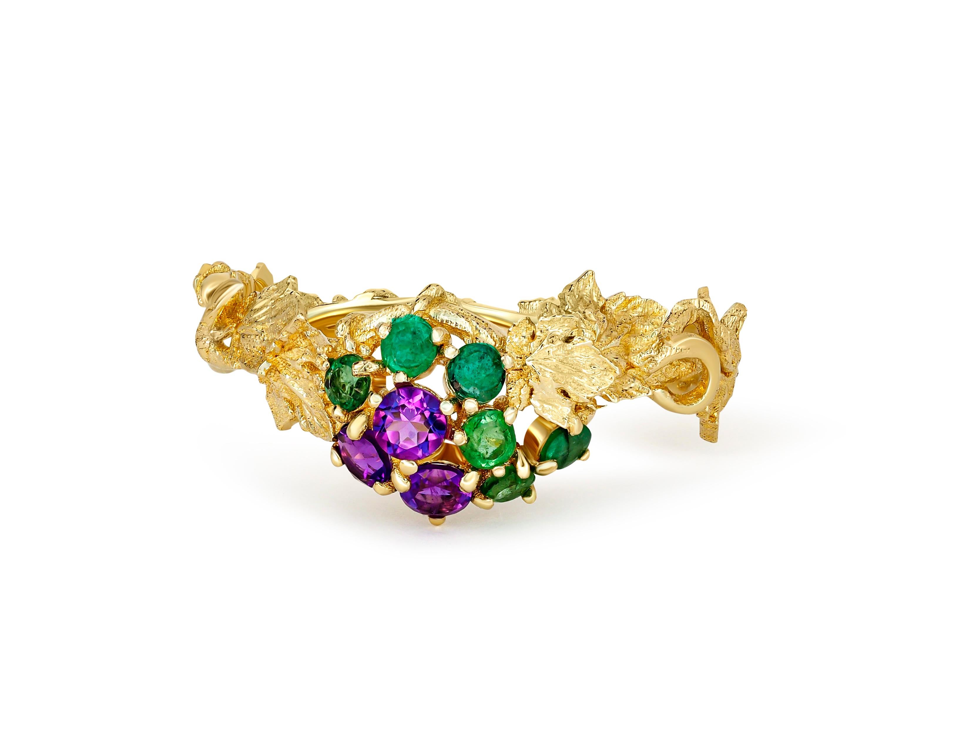 Grape ring with emeralds, amethysts in 14k gold.  In New Condition For Sale In Istanbul, TR