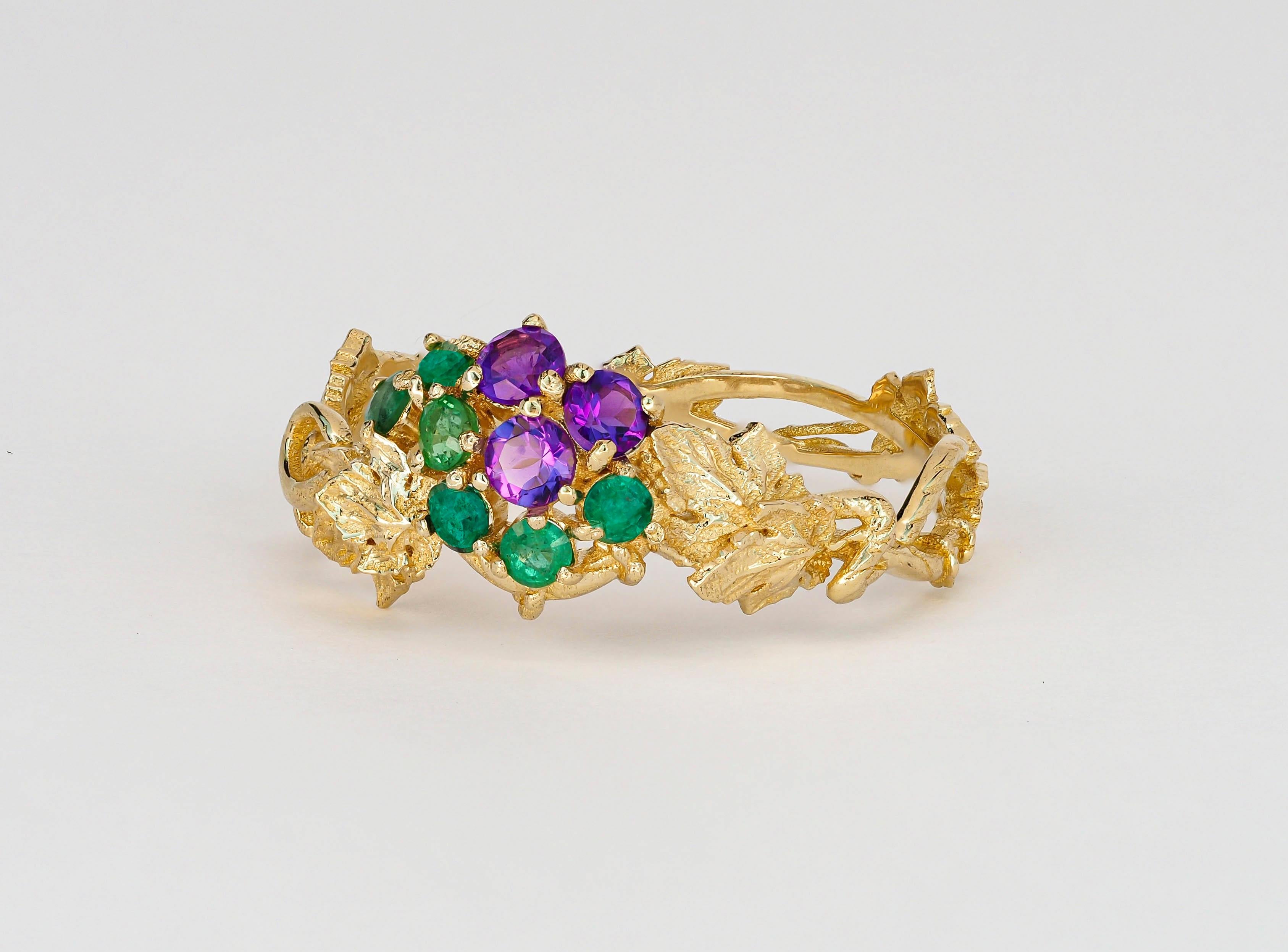 Women's Grape ring with emeralds, amethysts in 14k gold.  For Sale